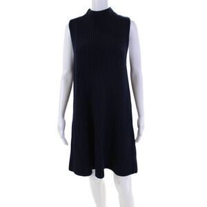 Uterque Women's High Neck Sleeveless Ribbed Mini Sweater Dress Navy Blue Size M